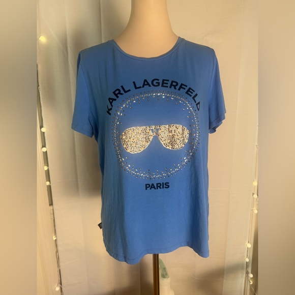 Karl Lagerfeld Paris Blue Rhinestone Sunglasses Graphic Tee Women’s Size Large - Picture 1 of 7